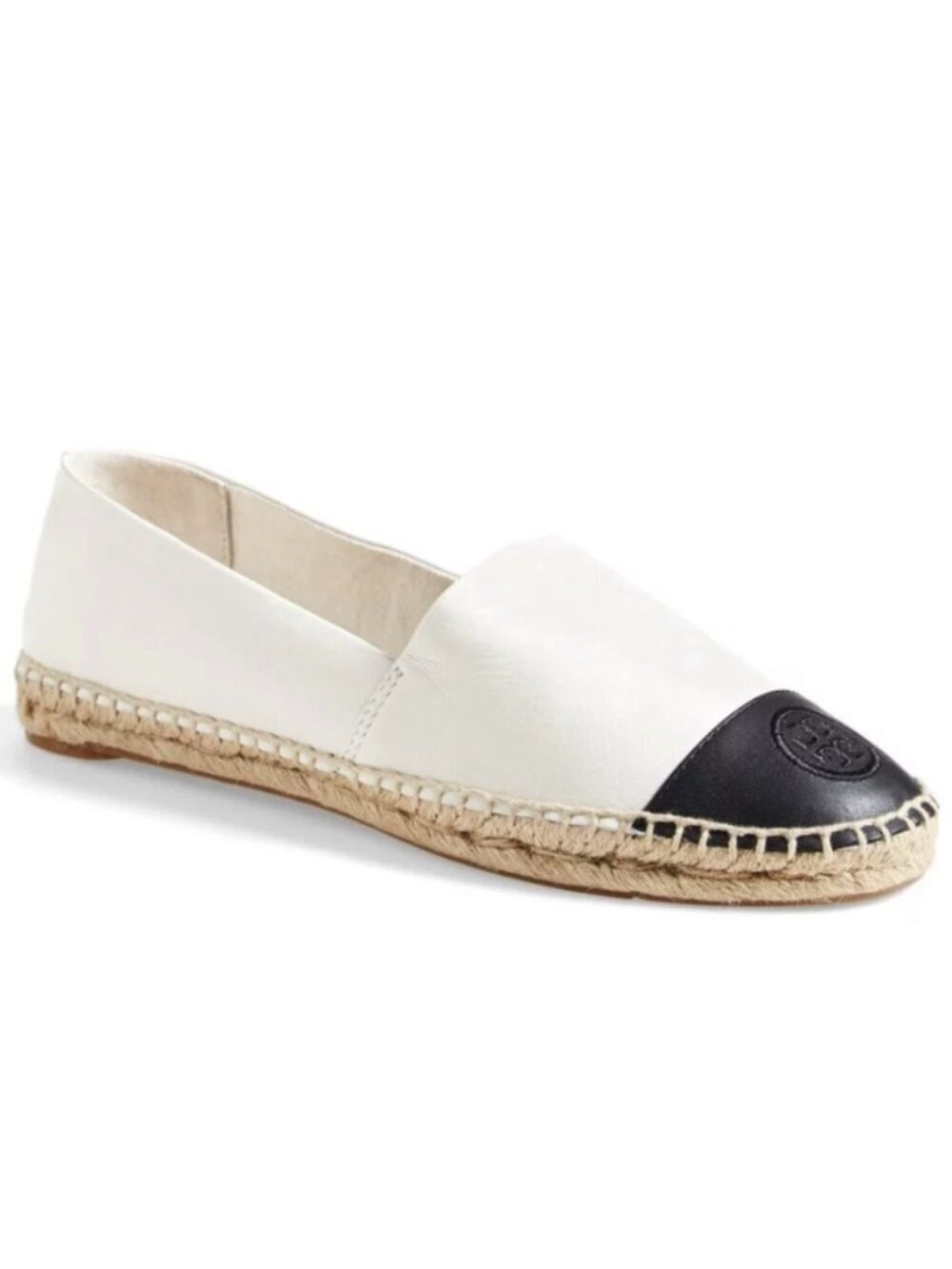 Tory Burch White Leather Espadrille with Black Toe Cap